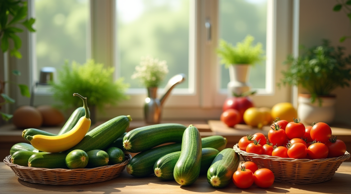 Table en bois avec légumes frais et fruits jujubes
