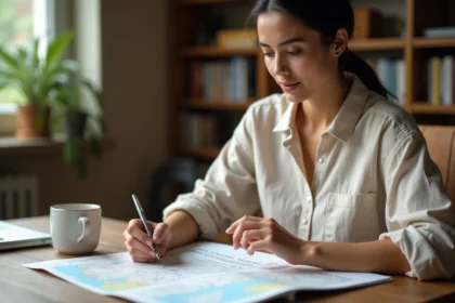 Femme consultant un tableau de conversion miles en kilomètres posé sur un bureau en bois avec une carte routière