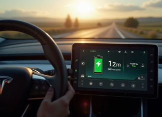 Combien de kilomètres pour recharger une batterie : une question de taille Tableau de bord d'une voiture électrique avec indicateur de charge