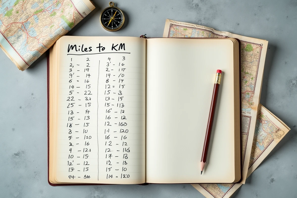 Vue de dessus d'un carnet avec tableau manuscrit de conversion miles en kilomètres posé sur une surface en béton avec une boussole et une carte routière