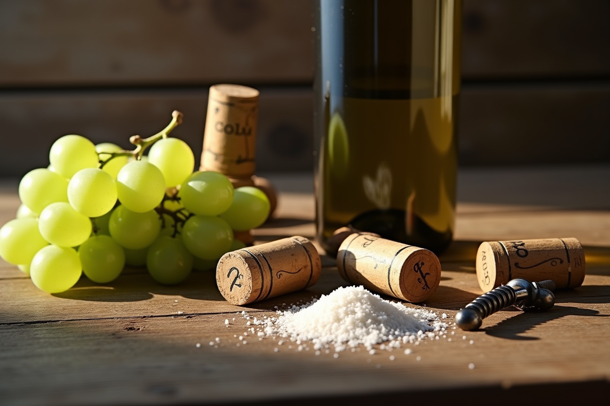 Table en bois avec bouchons de vin et grappes de raisin vert