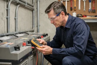 Technicien mesurant l'autonomie d'une batterie deep-cycle avec un multimètre numérique dans une salle technique