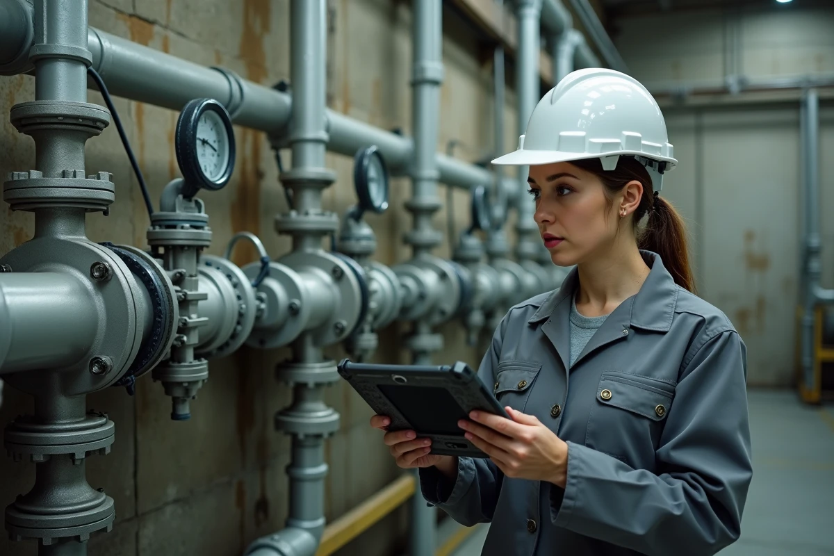 Technicienne mesurant le débit hydrodynamique sur une installation industrielle de tuyauterie