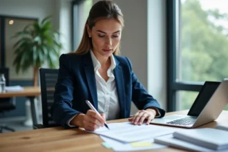 Femme professionnelle analysant un contrat de travail bilingue français-allemand dans un bureau moderne
