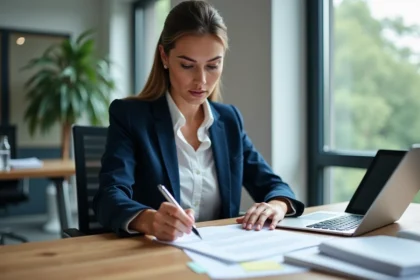 Femme professionnelle analysant un contrat de travail bilingue français-allemand dans un bureau moderne