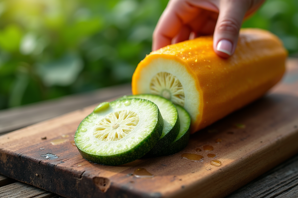 Main tenant des tranches de zucchini et jujubes sur une planche