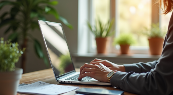 Professionnel travaillant à domicile avec fiche de paie et bonus