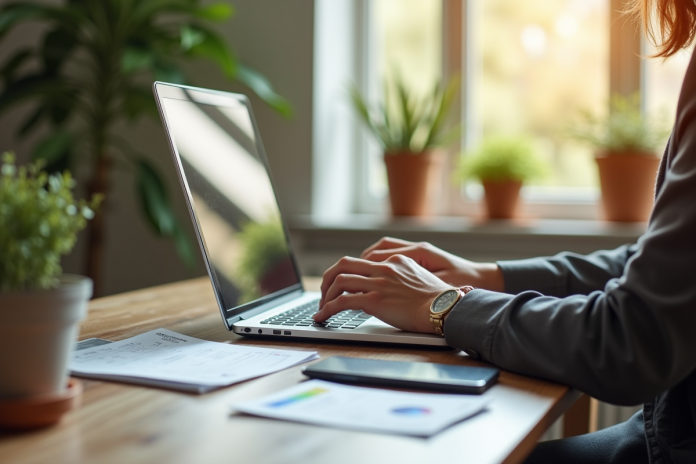 Professionnel travaillant à domicile avec fiche de paie et bonus
