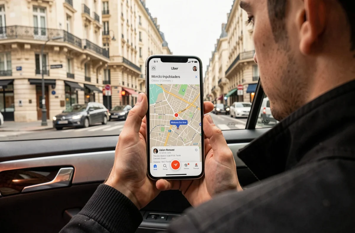 Passager utilisant l'application Uber sur son smartphone dans une voiture traversant Paris