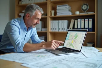 Urbaniste consultant le portail Géoportail et des cartes cadastrales sur un bureau de travail professionnel