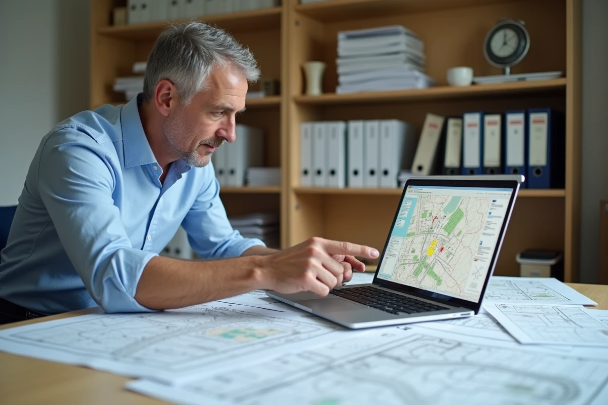 Urbaniste consultant le portail Géoportail et des cartes cadastrales sur un bureau de travail professionnel