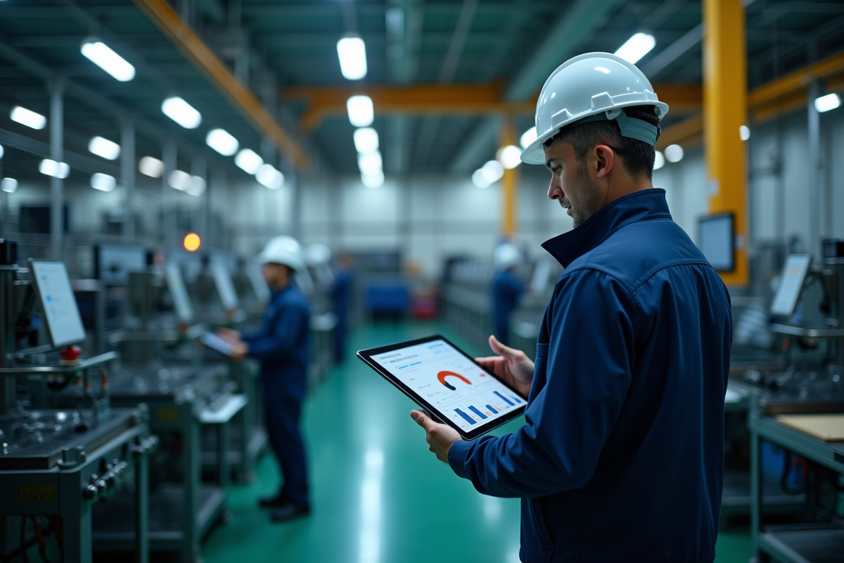 Ouvriers en usine utilisant des tablettes avec visuels ERP