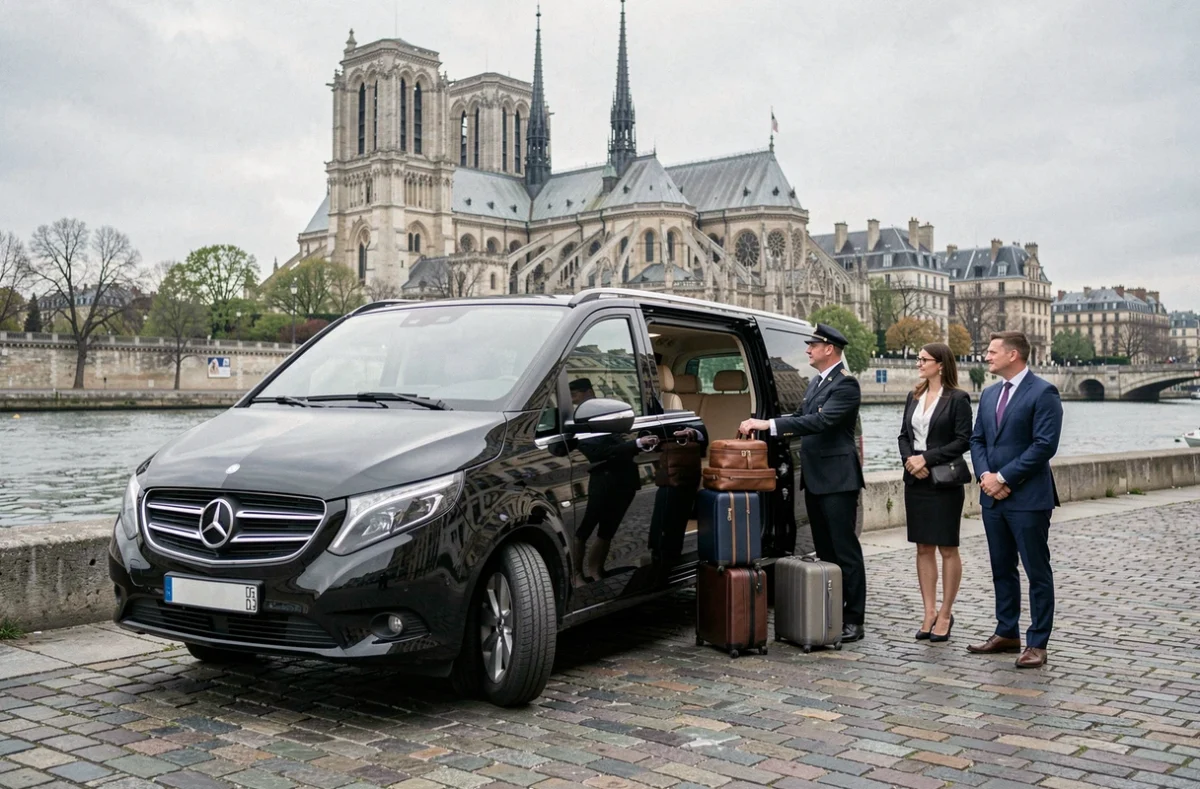 Grand van VTC noir Van VTC Paris avec chauffeur chargeant des bagages au bord de la Seine