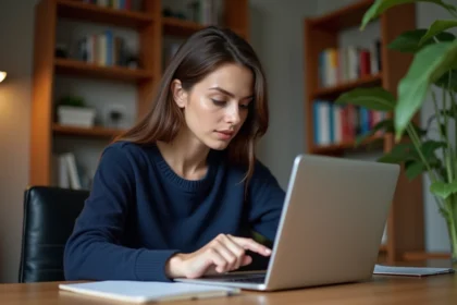 Femme vérifiant des informations sur une encyclopédie collaborative en ligne depuis son bureau à domicile