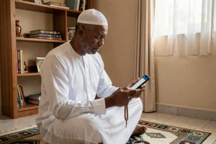 Homme consultant les horaires de prière sur son smartphone, assis sur un tapis de prière à Argenteuil