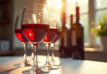 Verre de vin rouge rempli avec bouteilles en arrière plan