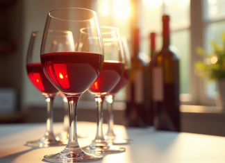Verre de vin rouge rempli avec bouteilles en arrière plan