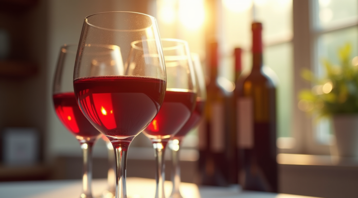 Verre de vin rouge rempli avec bouteilles en arrière plan