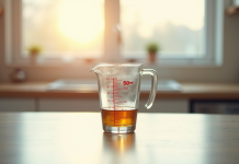 Verre mesureur de cuisine rempli à 50 ml en lumière naturelle