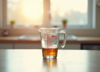 Verre mesureur de cuisine rempli à 50 ml en lumière naturelle