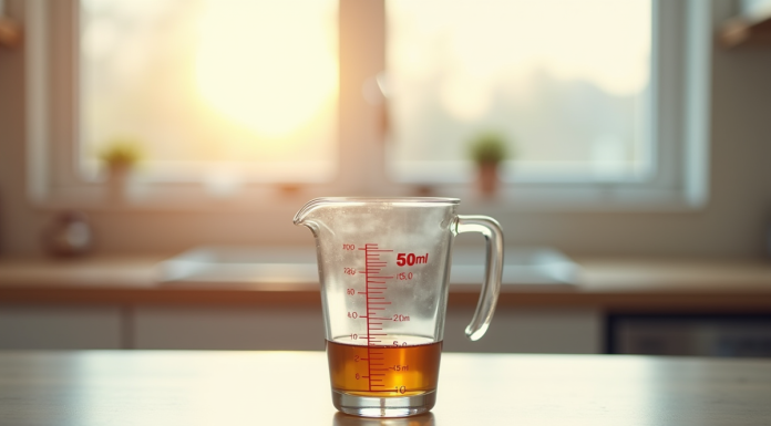 Verre mesureur de cuisine rempli à 50 ml en lumière naturelle