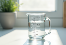 Verre mesureur avec 200 ml d'eau sur plan de cuisine