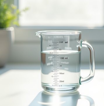 Verre mesureur avec 200 ml d'eau sur plan de cuisine
