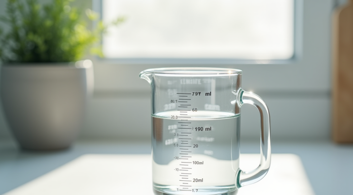 Verre mesureur avec 200 ml d'eau sur plan de cuisine