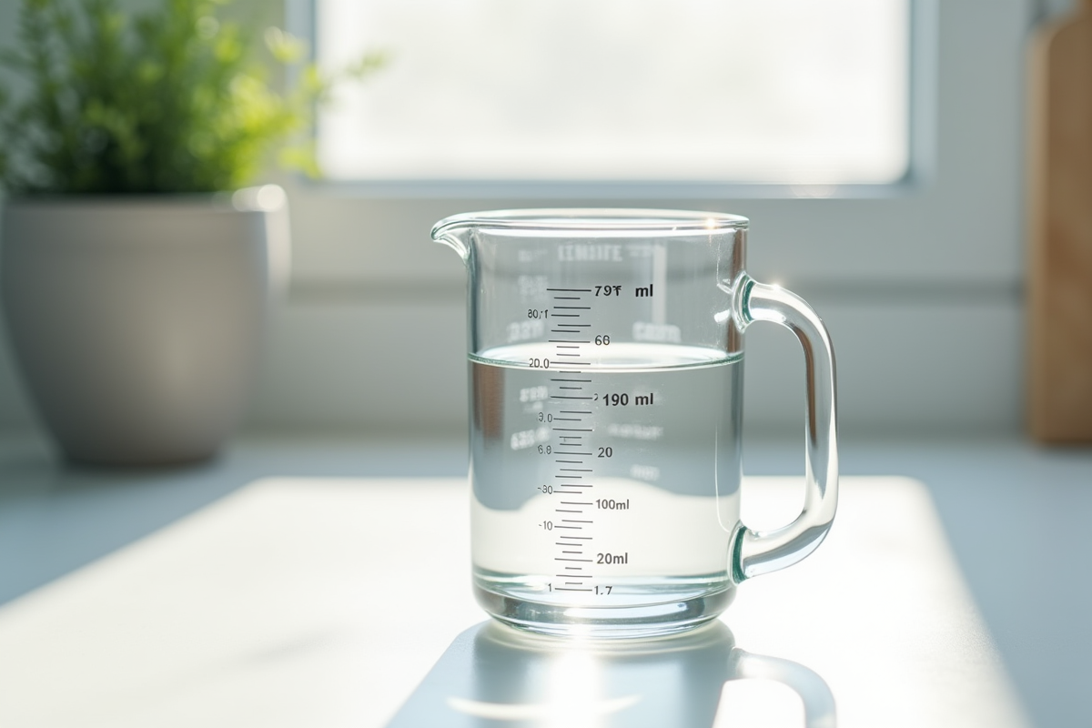 Verre mesureur avec 200 ml d'eau sur plan de cuisine