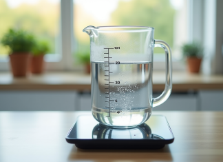 Conversion 120 g en ml : un cas pratique pour comprendre les unités de mesure Verre mesureur d'eau sur balance de cuisine lumineuse