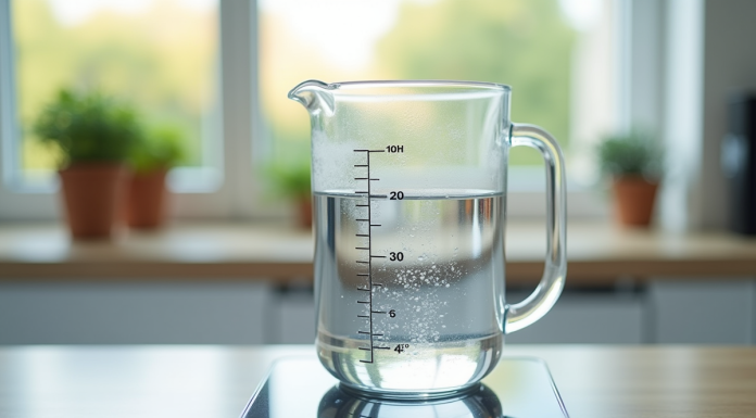 Verre mesureur d'eau sur balance de cuisine lumineuse