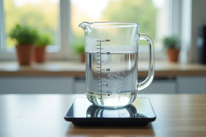 Verre mesureur d'eau sur balance de cuisine lumineuse