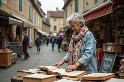 Femme curieuse dans un vide-greniers en Bourgogne