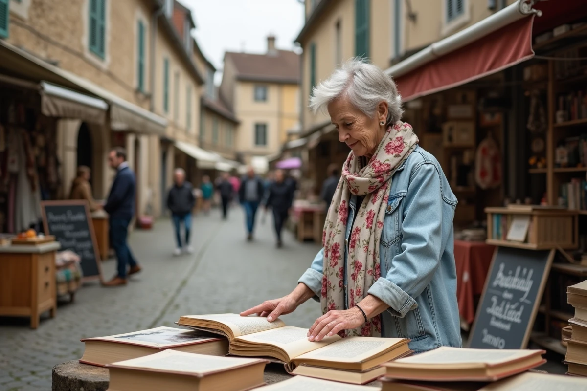Femme curieuse dans un vide-greniers en Bourgogne