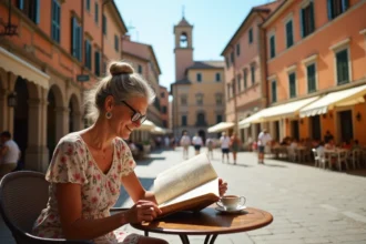 Femme italienne résolvant des mots croisés dans une piazza historique d'une ville italienne en 6 lettres