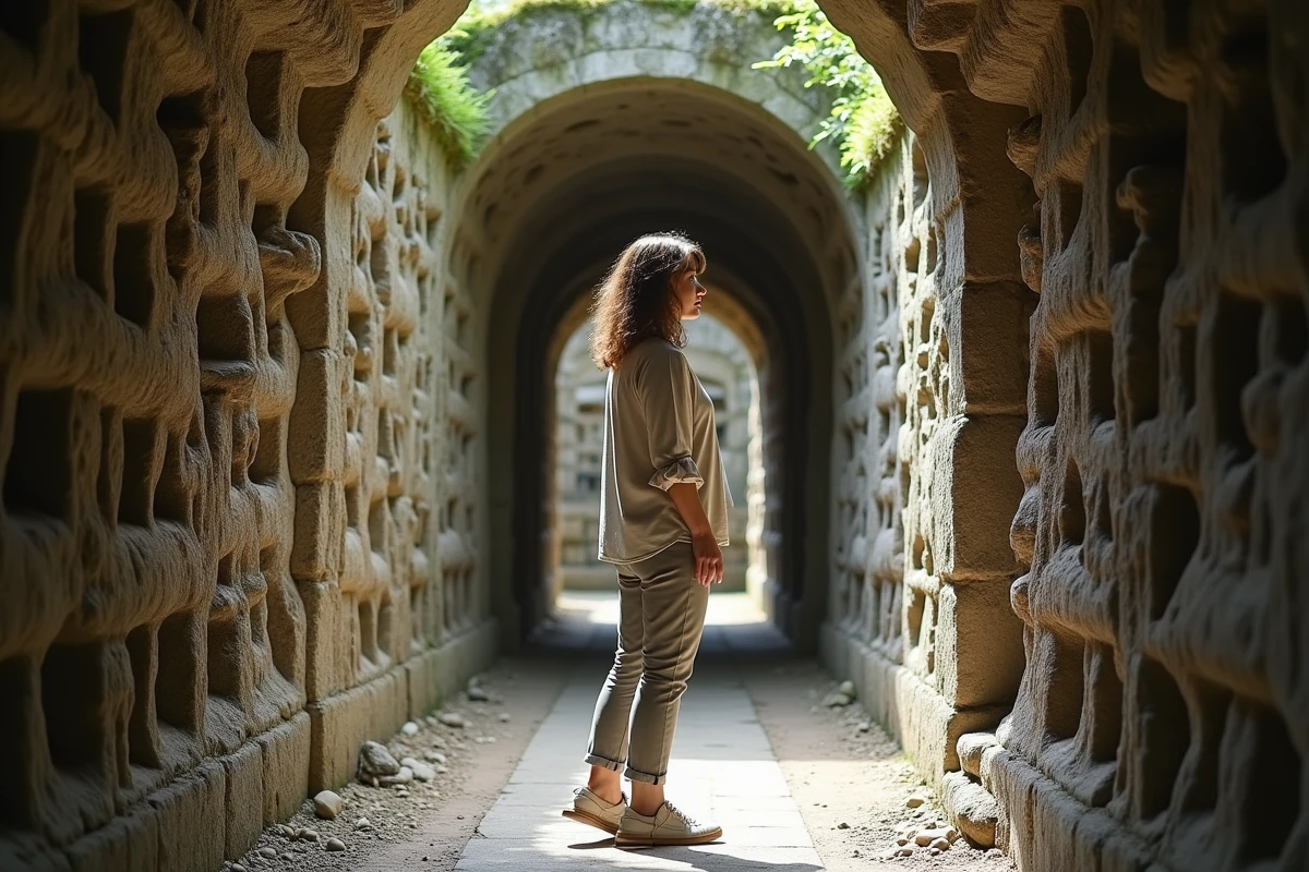 Femme visitant les couloirs sculptés du Palais Idéal du Facteur Cheval à Hauterives