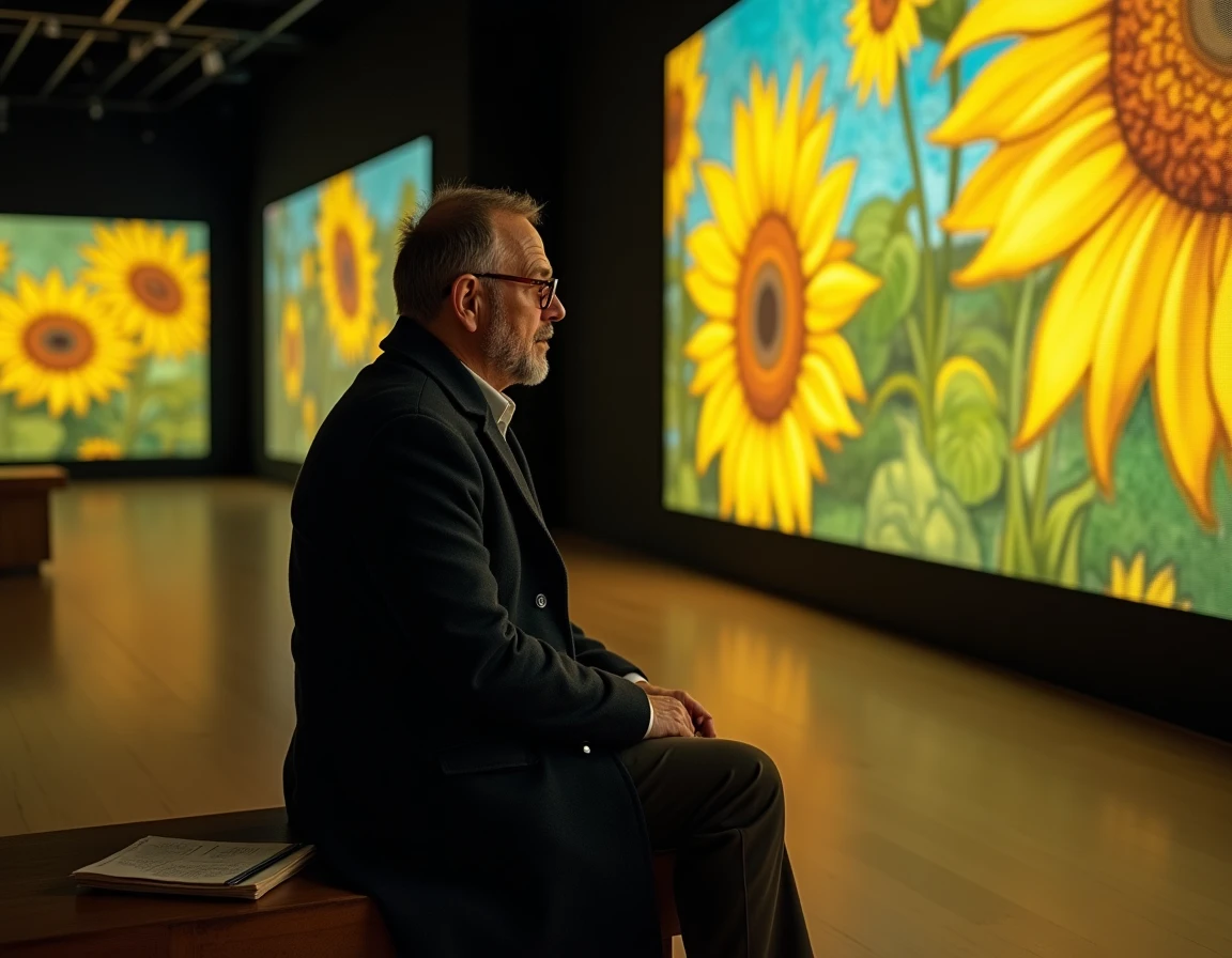 Visiteur contemplant la projection des Tournesols de Van Gogh dans une salle immersive à Lyon