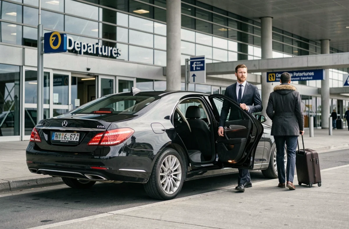 Chauffeur VTC à prix fixe attendant un passager avec bagages devant l'aéroport de Paris depuis 2016