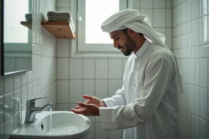 Homme effectuant le wudu avant la prière dans une mosquée de Nantes