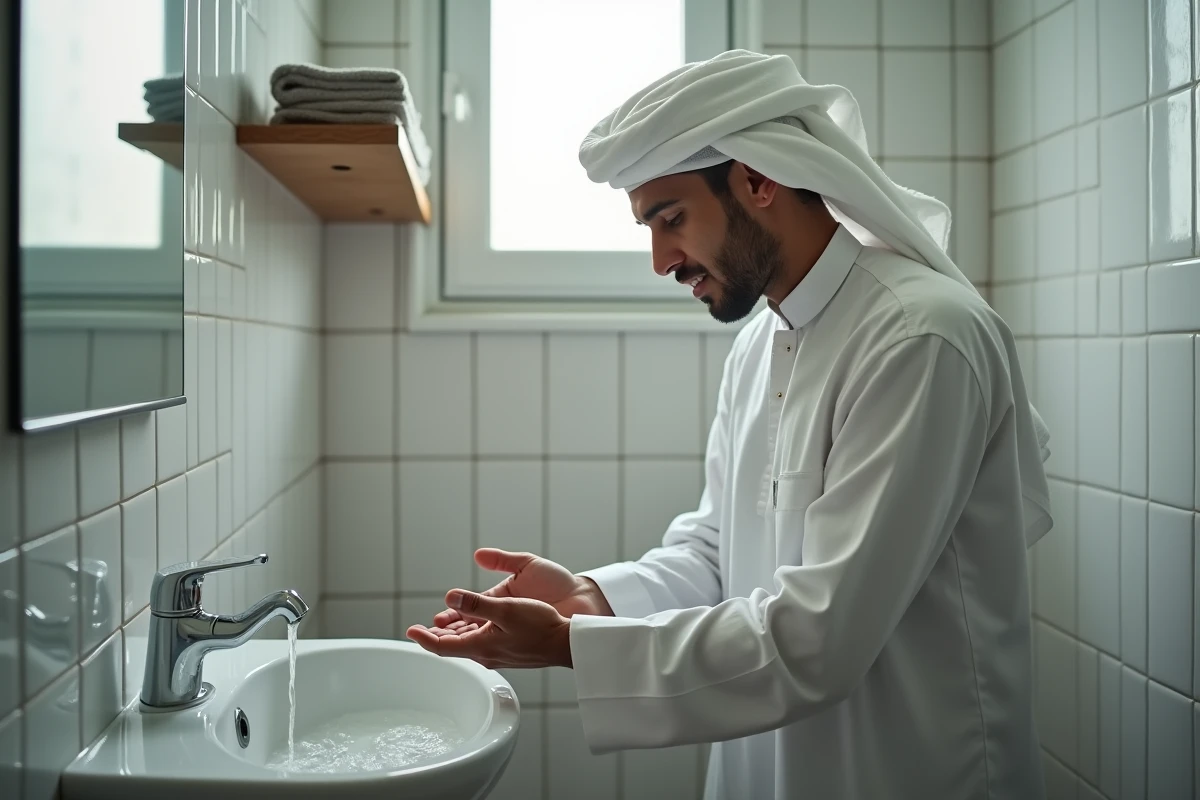 Homme effectuant le wudu avant la prière dans une mosquée de Nantes